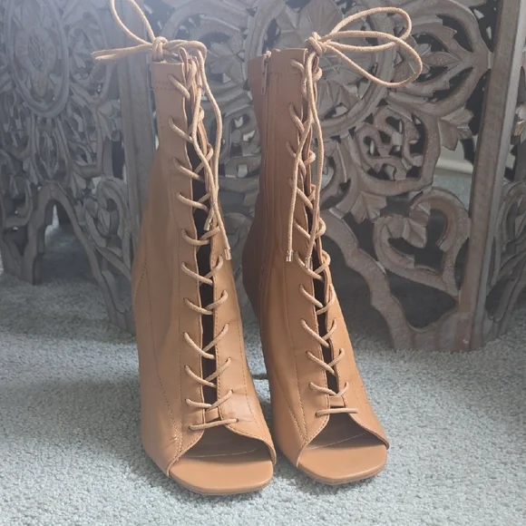 Tan Lace-Up Peep Toe Heeled Boots - Picture 2 of 5